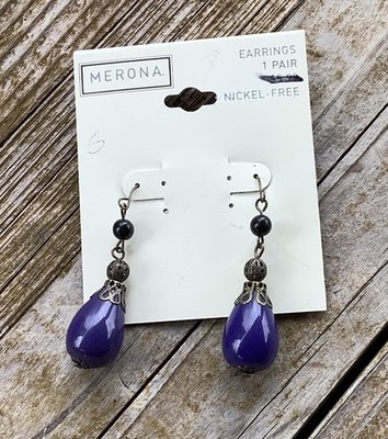 Retro Merona Purple Tear Drop Antique Bronze Tone French Wire Earrings
