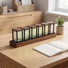 Low-Profile Retro Digital Clock | Clear Vertical Panels, Clock with Wooden Base,