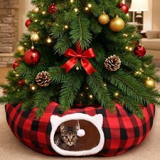 Cat Tunnel Christmas Tree Skirt, Buffalo Plaid Cat Tunnel Bed w/Hanging Ball,...