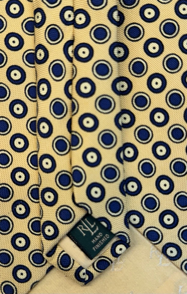 Corbata De Colección Lauren Ralph Lauren 100% Seda Amarillo Azul Geométrica Hecha en EE. UU. Foto 3 de 4