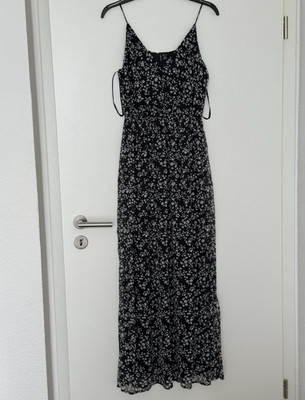 VERO MODA Damen Maxikleid lang schwarz/weiß Blumen ärmellos V-Ausschnitt Gr. S