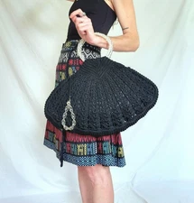 1930s 1940s Vintage Crochet Handbag: Lucite Handle Purse, Art Deco, Fan Shaped