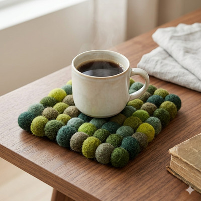 F124 Handmade wool Felt Ball multi color square 15 cm hot pot mat coaster Nepal