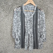 Daniel Rainn Top Womens Large Black Sheer Printed Blouse Popover Pintuck Casual