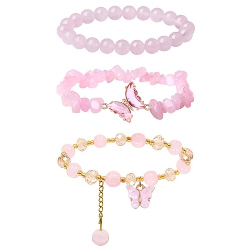 3Pcs Pink Butterfly Bracelets for Women Amethyst Crystal Beaded Bracelets Butter - Picture 1 of 7