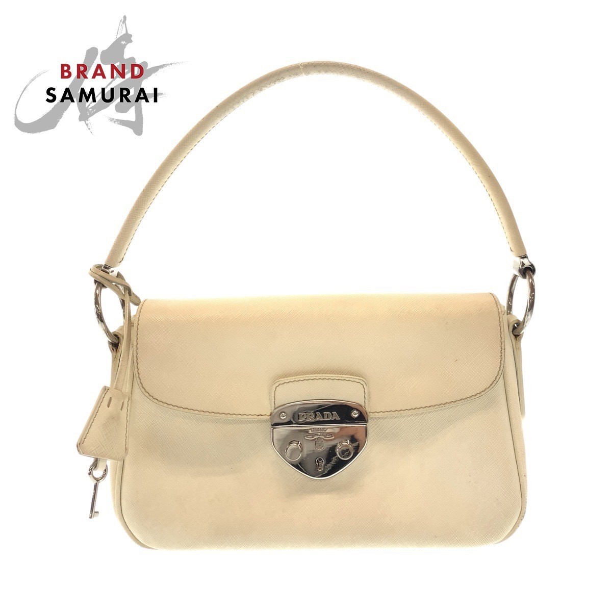 PRADA Saffiano White Silver Hardware Leather Shoulder Bag Handbag Women s 502056