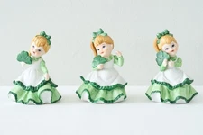 3 Pc Vintage LEFTON Porcelain Lucky Clover Girl Figurine Set Irish Shamrock RARE