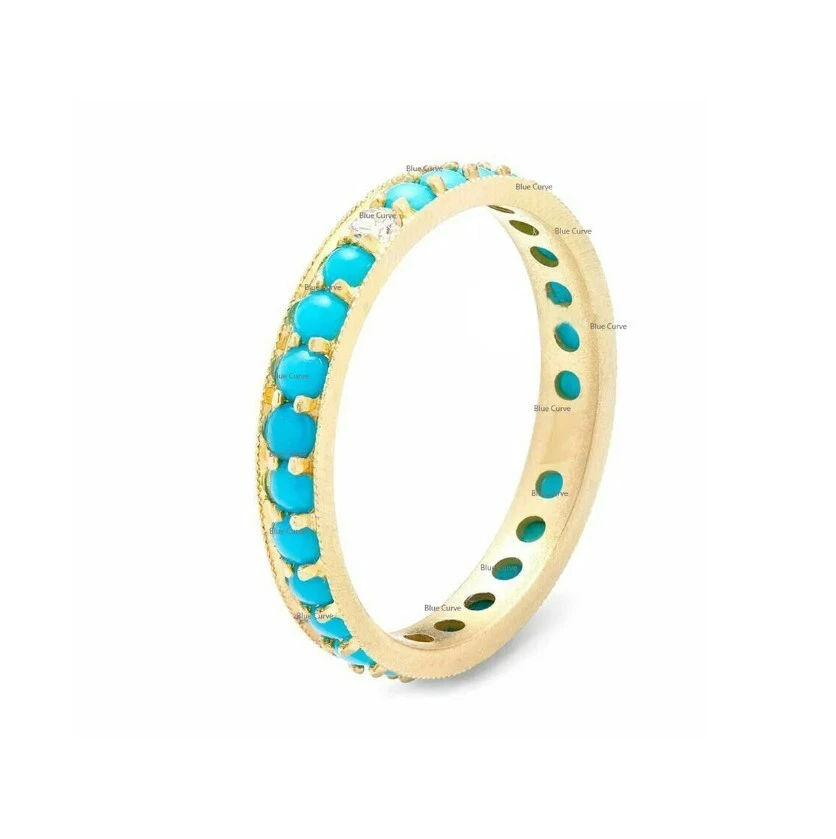 Anillo de banda de eternidad completa de diamantes turquesa y solitario anillo apilable de oro amarillo de 14 k Foto 3 de 4