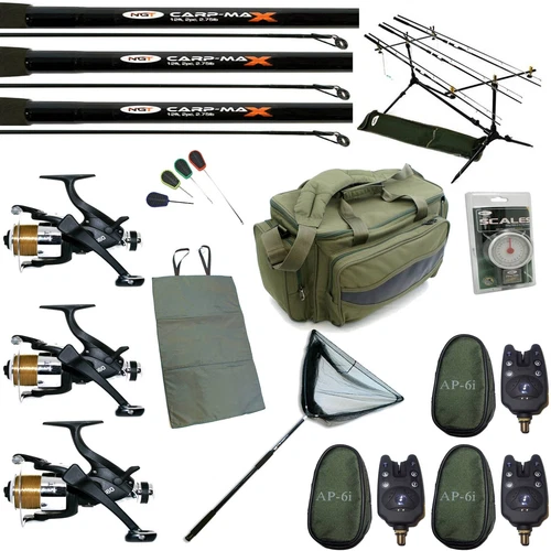 Full Carp Fishing set up 3 Rods 3 Reels Bag Alarms Net 4pc Green Insulated bag
