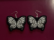 Laser Cut Butterfly Earrings Black Acrylic Small