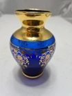 Vintage Vecchio Murano Venetian Cobalt Blue Glass Miniature Vase Gold Trim