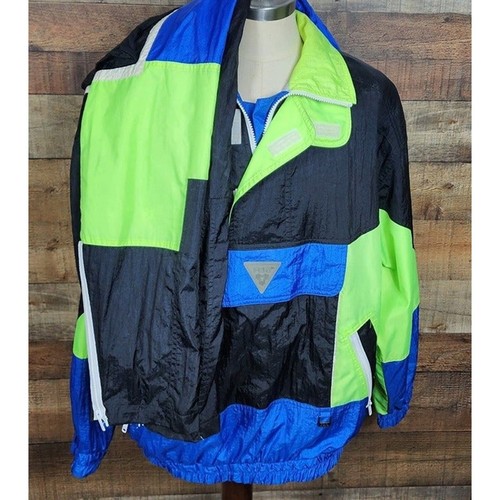 FERA Skiwear Men's Medium Jacket and Pants vintage neon green blue pouch front - Picture 8 of 10