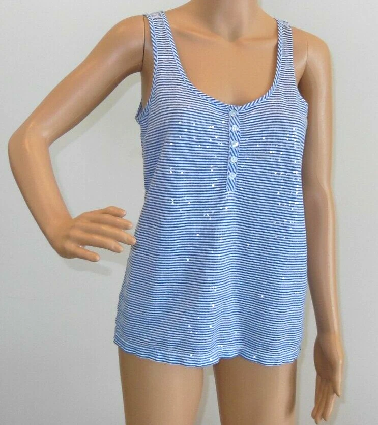 J. Camiseta sin mangas CREW lentejuelas brillantes azul blanco a rayas 100 % algodón Henley usada en excelente estado Foto 2 de 4