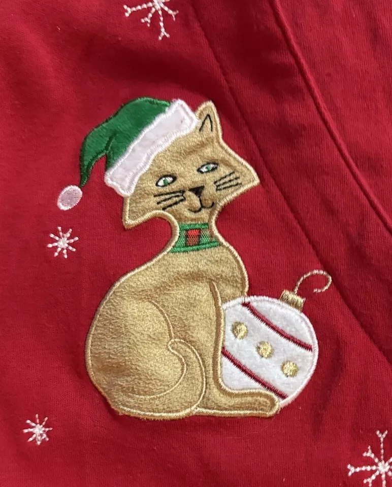 Women’s MERCER ST STREET STUDIO Red Button Front Christmas Cat Shirt Size Large - Image 3 of 4