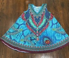 Jessica Taylor Boho Embellish Mixed Media Print Tank Shift Dress Size OS Beachy