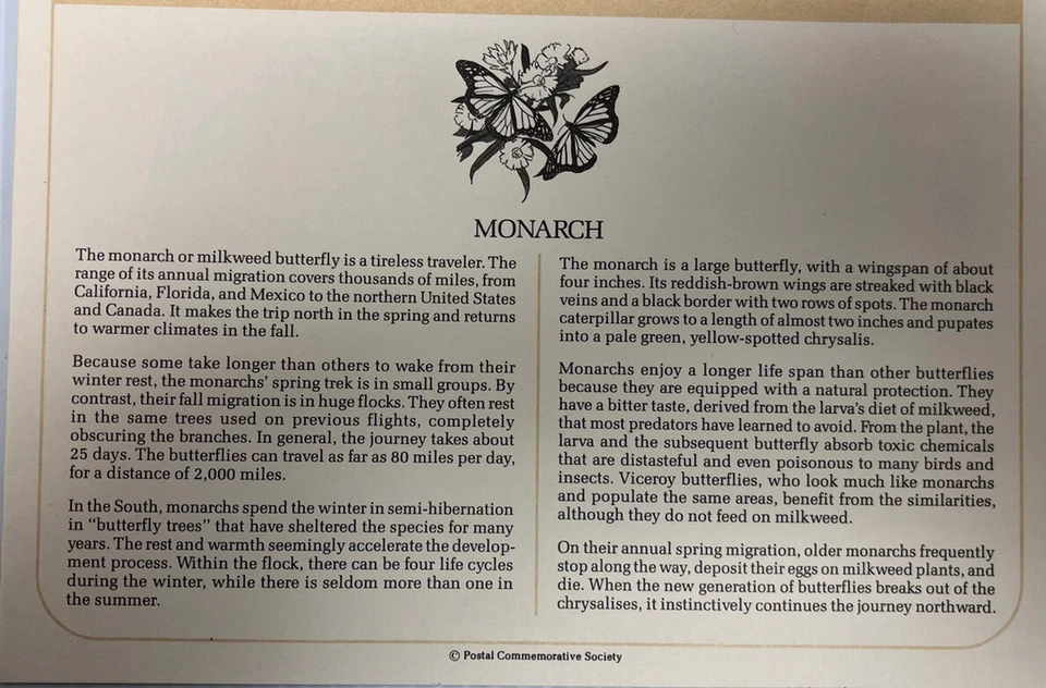 American Wildlife Mail Cover FDC & Info Sheet Monarch Butterfly 1987 - Image 3 of 3