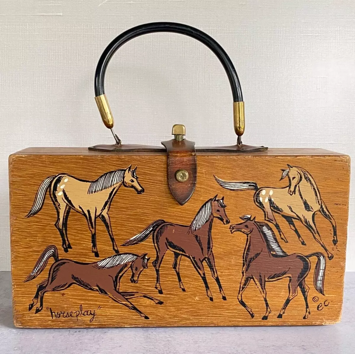 Vintage Enid Collins of Texas Box Bag Wood Purse HORSE PLAY 1962