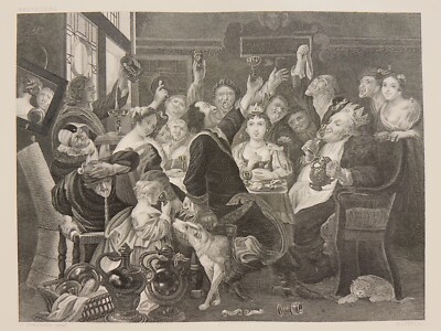 J. Jordaens Der Bohnenkönig Belveder 1872 Antiquarisch Stahlstich Gravur Gemälde