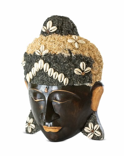 Wooden Hand Carved Wall Mask Buddha Head Statue Seashell Sculpture Hanging Decor - Picture 3 of 3