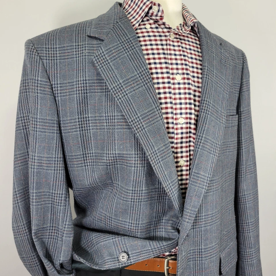 Abrigo Blazer Deportivo Para Hombre Stafford Dos Botones Azul Cuadros Poli Seda Lana 48L De Colección Foto 4 de 4