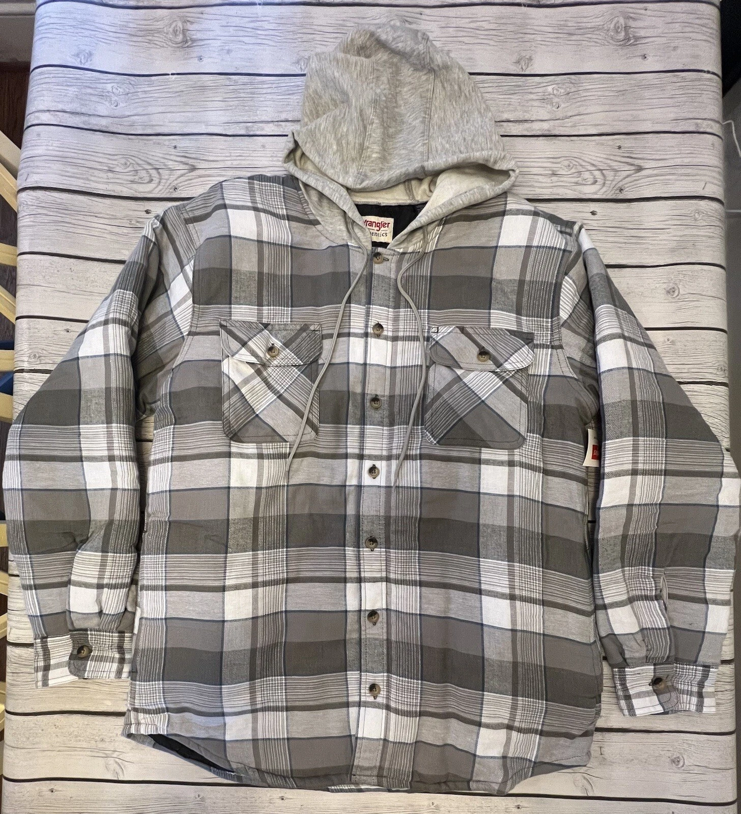 Wrangler Authentics Flannel Hooded Insulated Button-Up Jacket Mens L Gray Plaid