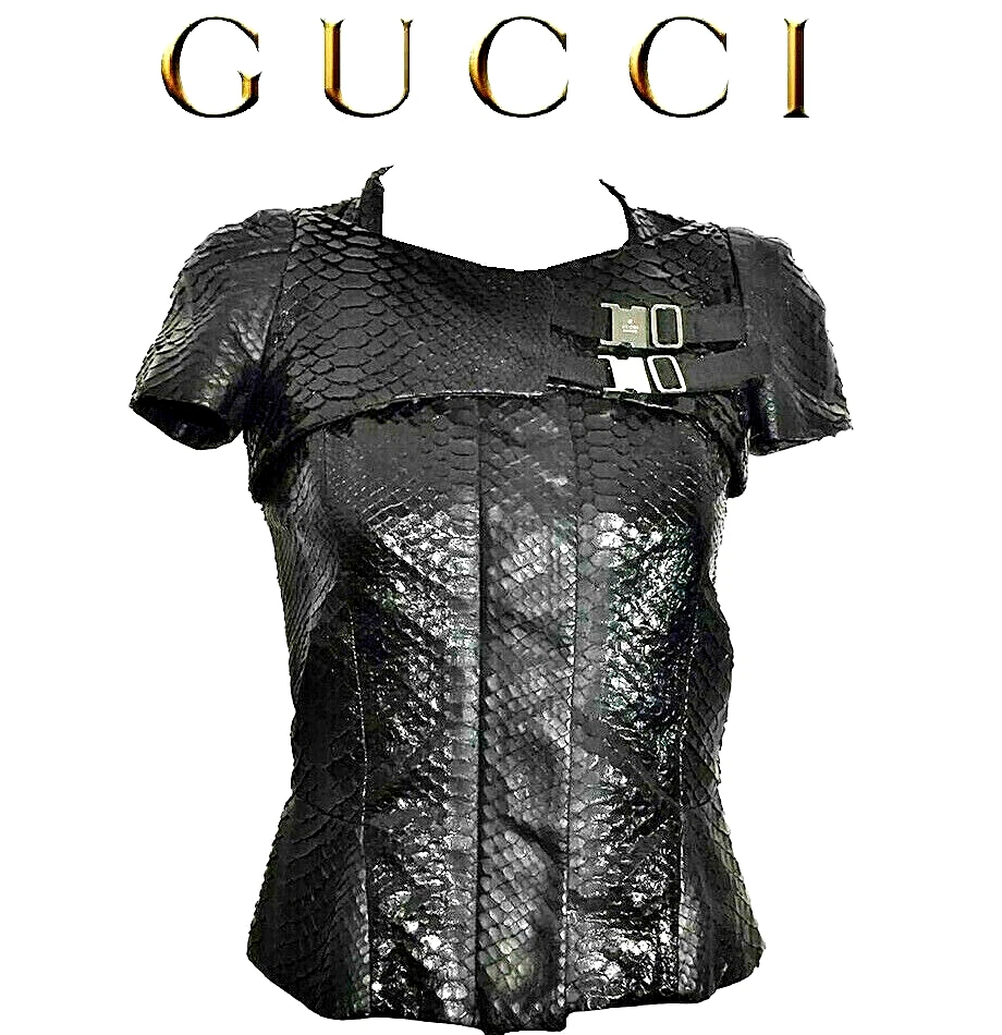 GUCCI ~ RARE Peau de SERPENT VÉRITABLE PYTHON 2 en 1 Haut/veste noir   Taille : S * AUTHENTIQUE