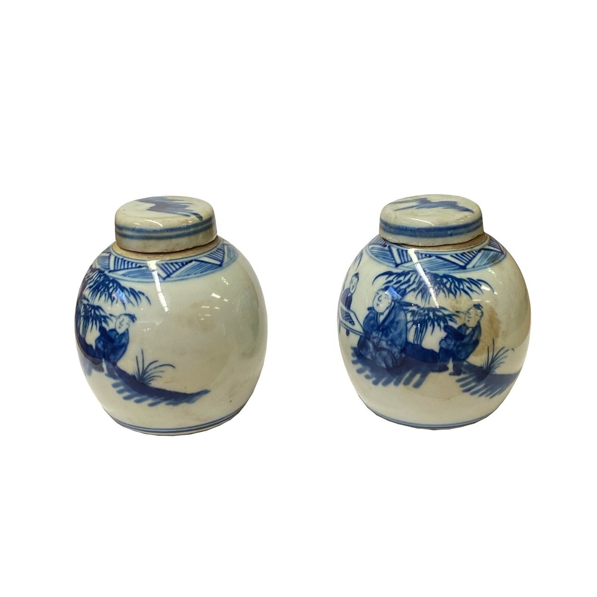 Pair Blue White Mini Oriental People Tree Porcelain Ginger Jars ws1971S Pair Blue White Mini Oriental People Tree Porcelain Ginger Jars ws1971S