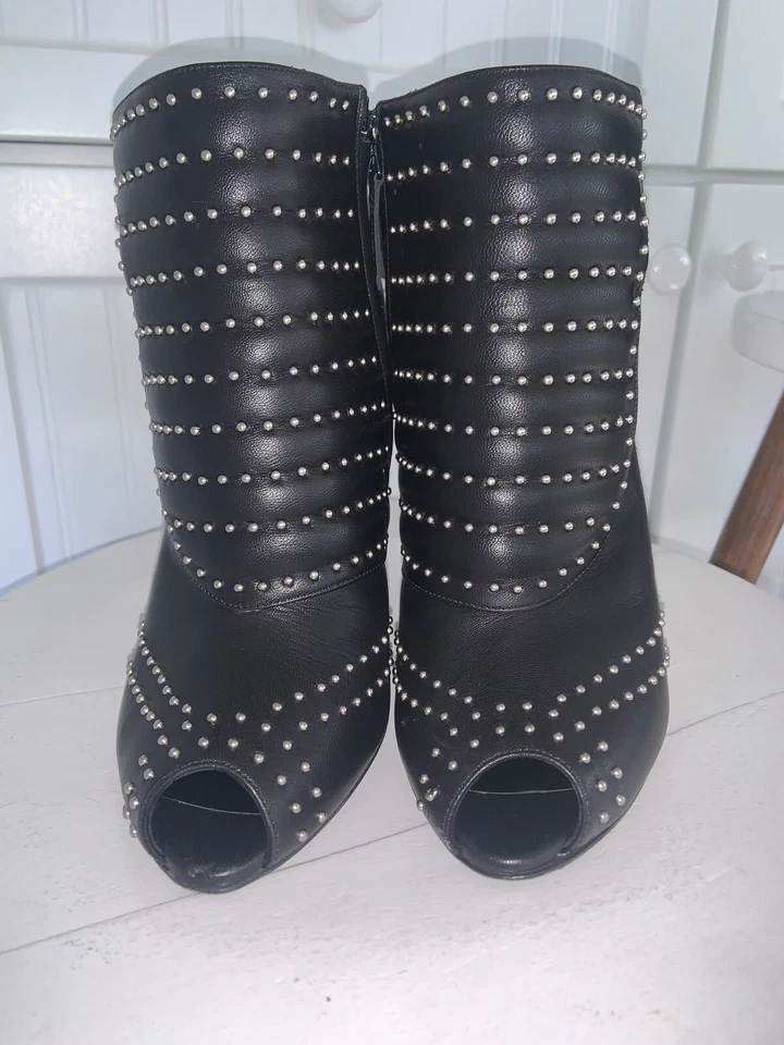 Alexander McQueen Black Leather Ankle Boots Studded Peep Toe Size 38 1/2 - Image 2 of 4