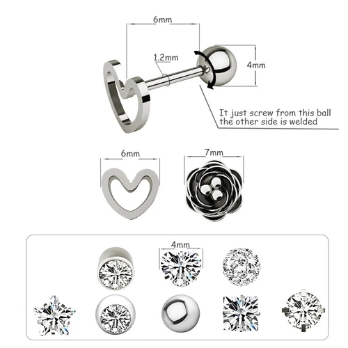 20PCS CZ Earrings Ear Stud Set Surgical Steel Bone Stud for Women Men Jewelry - Picture 5 of 17