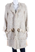 Edward Achour Womens Pleated Chiffon Tweed Hook & Eye Jacket Beige Ivory Fr 44