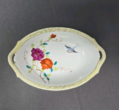 Nippon Small Candy Dish Nogoya Seito Sho Ltd Flower Bird 7 X 5 C. Early 1900s