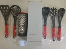 Nylon Kitchen Utensil & Grater Set Black Red Spatula Spoons Omaha Steaks #8619