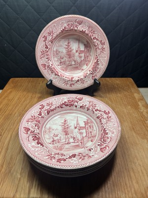 (6) Johnson Brothers HISTORIC AMERICA PINK Red Michigan Ave Rimmed Soup Bowl