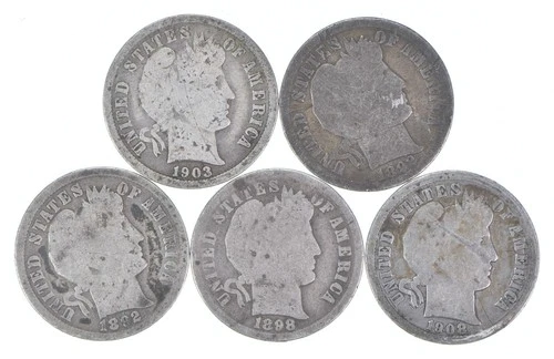 Better Lot 5 1903-O 1892 1892 1898 1908-D Barber Dime 0.50 Face *216