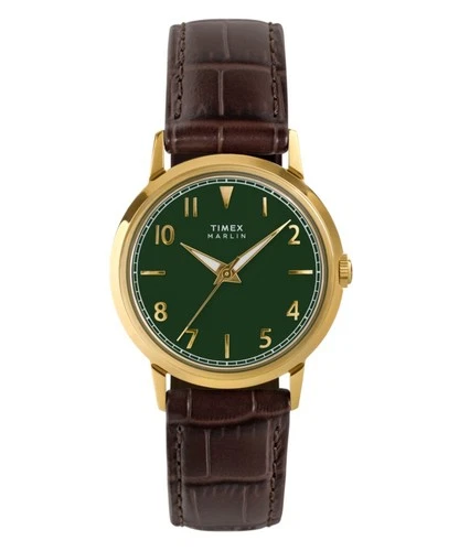 TIMEX MARLIN TW2Y37800 Leather Brown Gold Green Vintage Men's Watch