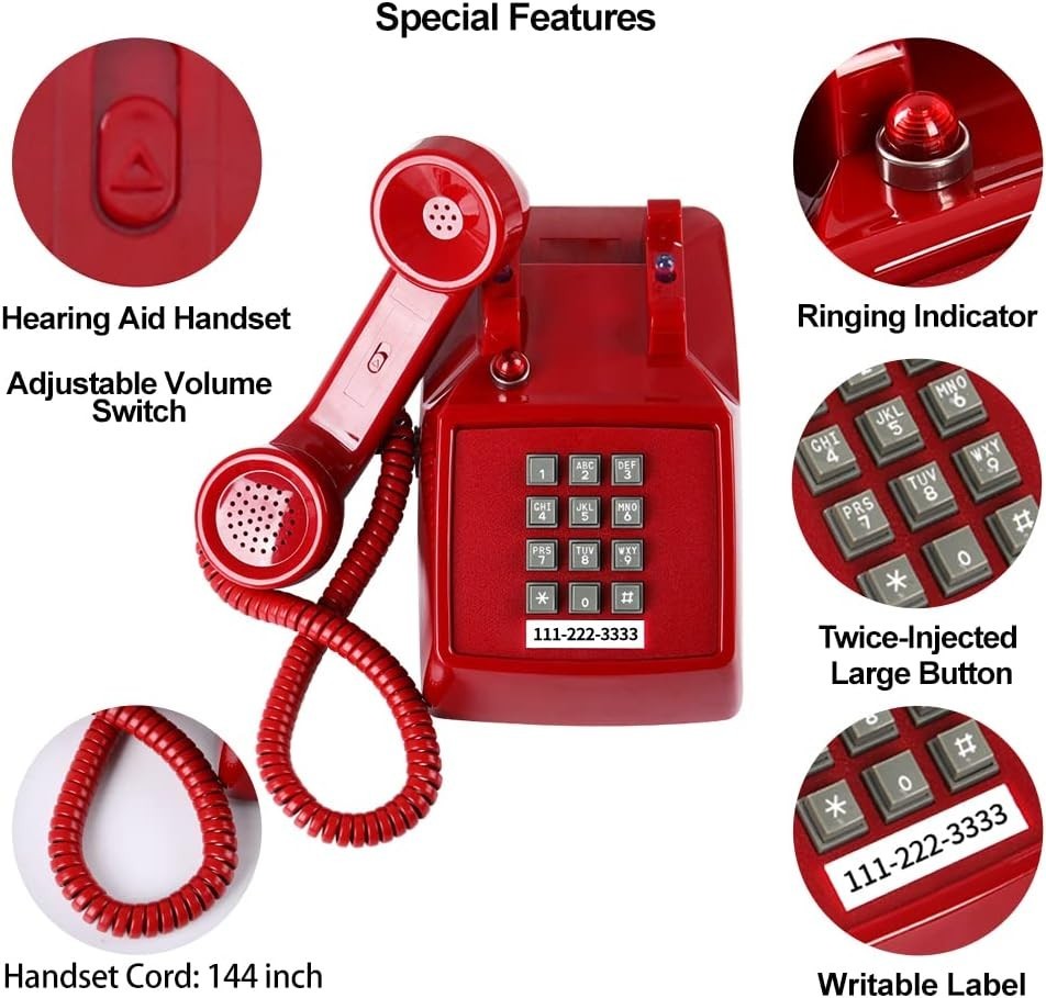 Traditional Red Landline Phone, Retro Corded Telephone Visible Ringing Indicator