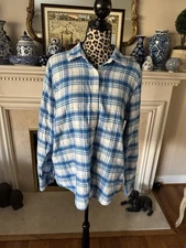 Lands End women's flannel blue plaid button down all cotton long sleeve shirt 16