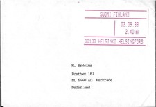Brief Finnland Helsinki Schalterfreistempler 02 sept 1988