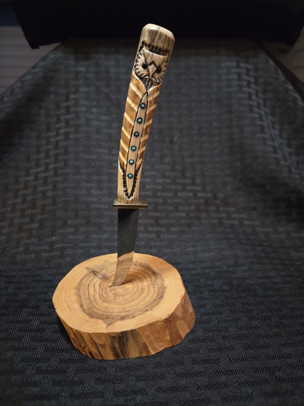 TED MILLER Handmade Custom Knife Stag Handle with Turquoise Inlays, Custom Stand