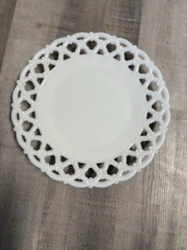 Westmoreland Vintage Milk Glass Plate Painted Forget-Me-Nots Lattice Edge