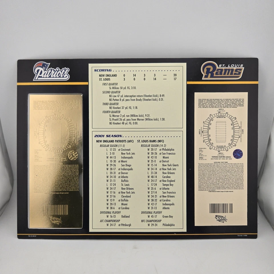 Super Bowl XXXVI 36 2002 22K Gold Ticket Patriots Rams NFL Tom Brady 1st Win - Image 2 of 4