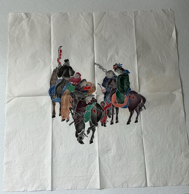 Vintage Picture Temple Art Charcoal Rubbings of Oriental Families on Horses