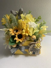 Bee Happy Mini Wood Crate Tiered Tray Decor Bees Yellow Florals Spring New
