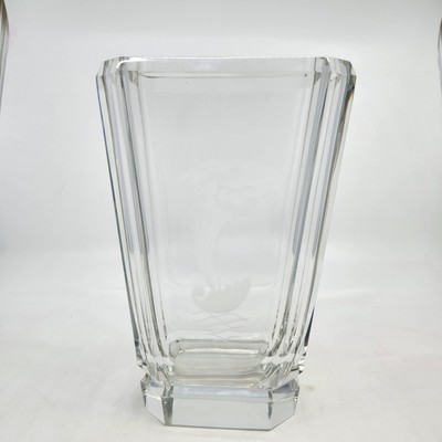KOSTA GLASBRUK RIK 603 Viking Ship Etched Crystal Vase 9'' Sweden Art Glass