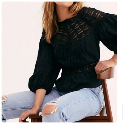 Free People Sweet Mornings Black Shirt Blouse in Black Size Medium Runs Small
