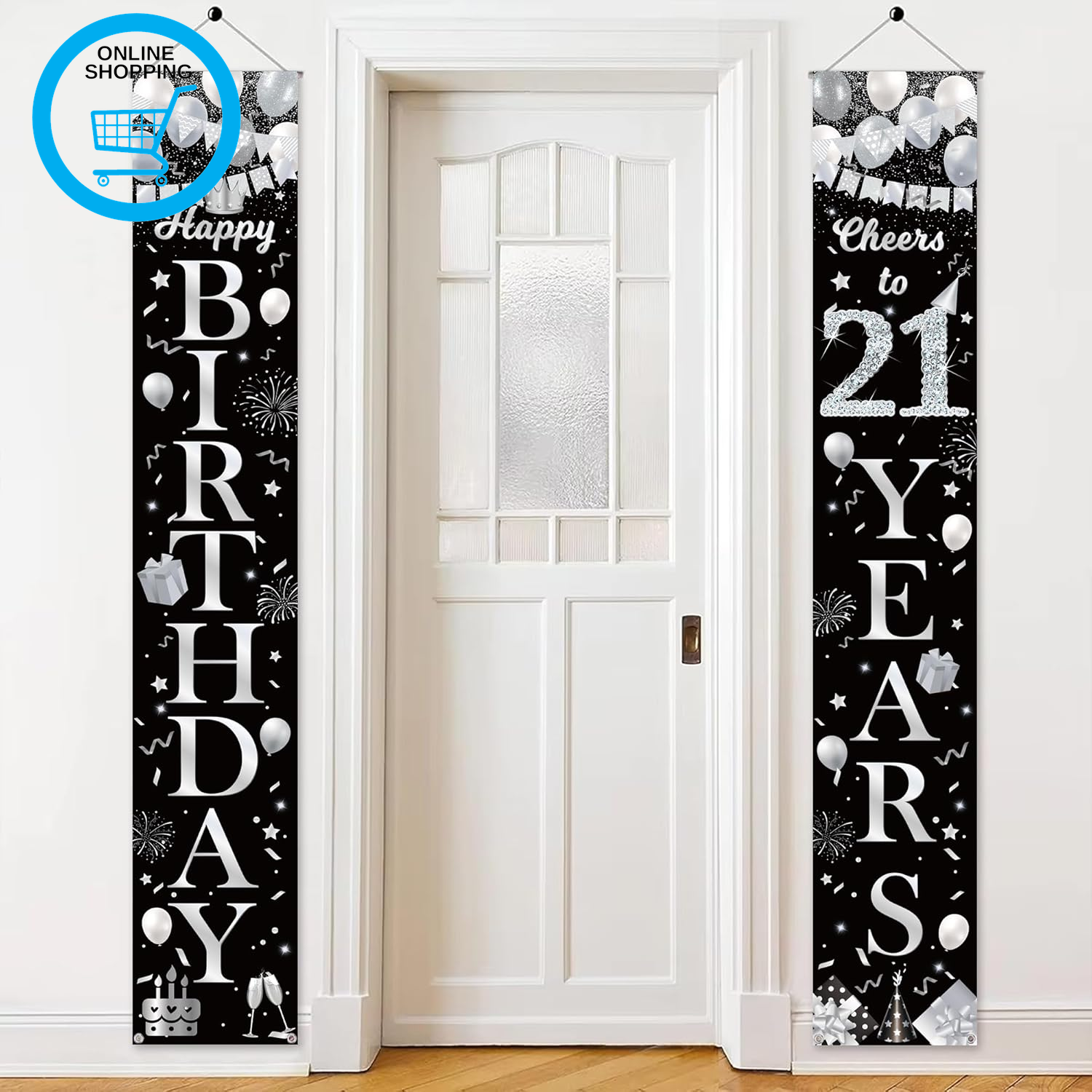 21St Birthday Door Banner Decorations - Black and Silver Happy Birthday Banners