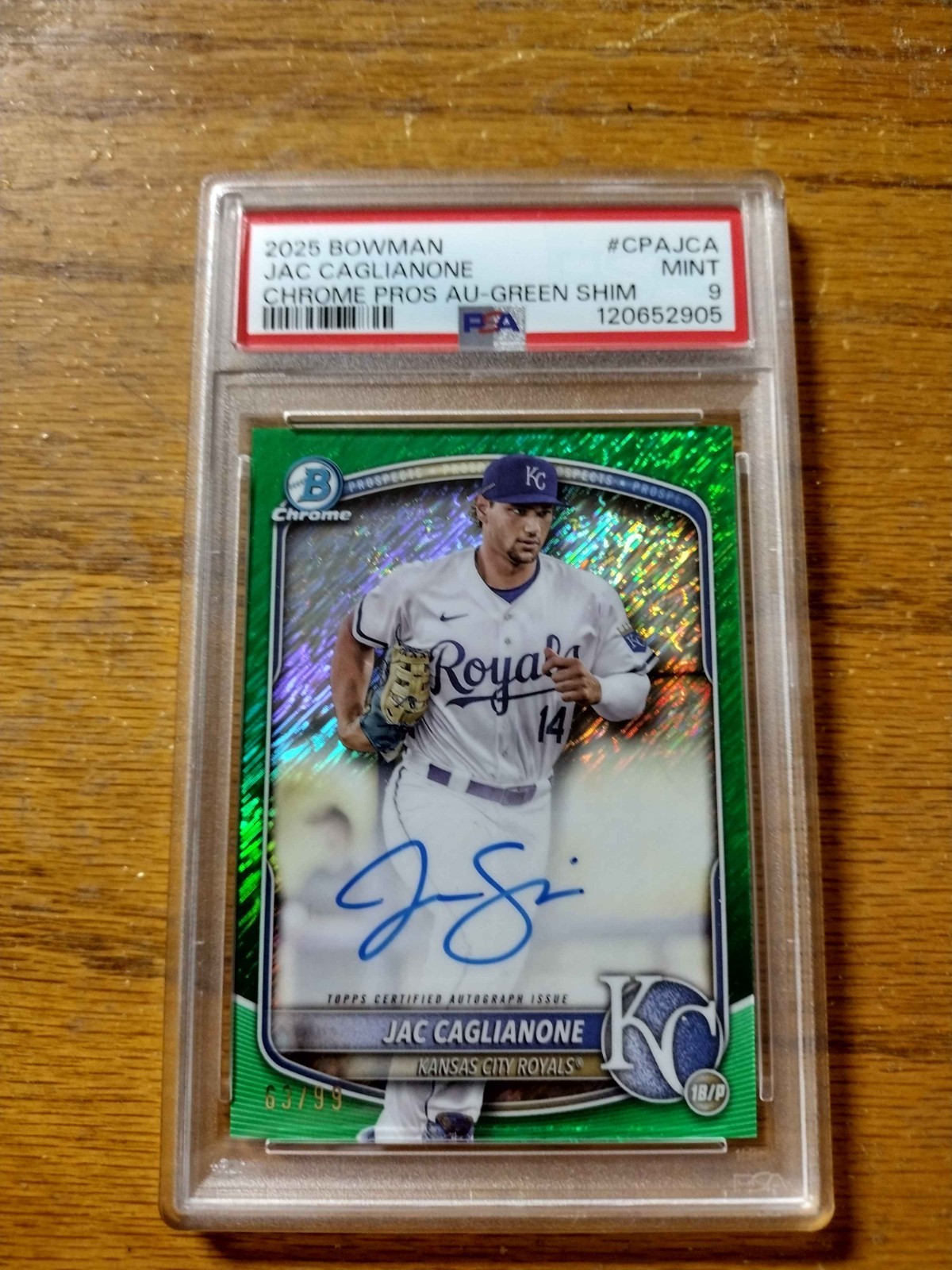 2025 Bowman Chrome Prospect Autographs Jac Caglianone #CPAJCA AU-Green Shim /99