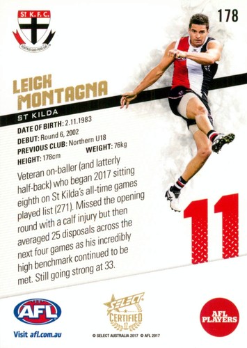 2017 ST KILDA SAINTS AFL Card LEIGH MONTAGNA - Bild 2 von 3