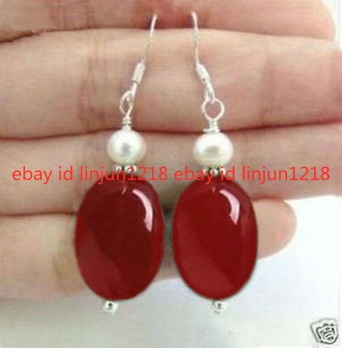 NATURAL RED OVAL JADE REAL WHITE CULTURED PEARL DANGLE EARRING 925 SILVER HOOK - Picture 11 of 12