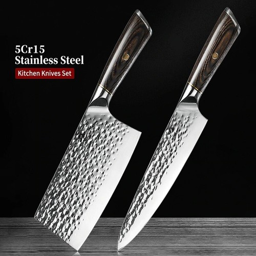 Chef Cleaver Knife Set Stainless Steel Wood Handle Hammered Slicing Beef Butcher